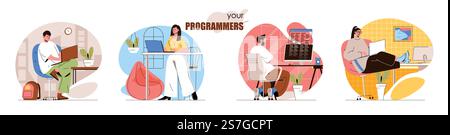 Programmers concept scenes set. Developers coding, create software or applications, testing products, work on project. Collection of people activities. Vector illustration of characters in flat design Stock Vector