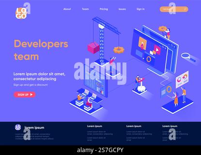 Developers team isometric landing page. Full stack software development company isometry concept. App engineering, programming and testing flat web page. Vector illustration with people characters. Stock Vector