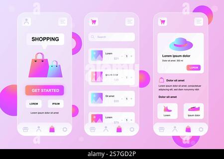 Mobile shopping neumorphic elements kit for mobile app. Shop website, shopping cart checkout, payment for purchases. UI, UX, GUI screens set. Vector illustration of templates in glassmorphic design Stock Vector