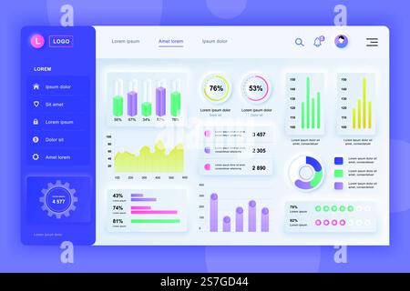 Neumorphic dashboard UI kit. Admin panel vector design template with infographic elements, HUD diagram, info graphics. Website dashboard for UI and UX design web page. Neumorphism style. Stock Vector