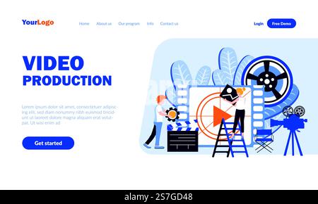 Video production vector landing page template with header. Movie creation web banner, homepage design with flat illustrations. Film editors, producers cartoon characters. Filming concept Stock Vector
