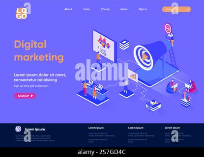 Digital marketing isometric landing page. Marketing research, business analytics and presentation, social targeting isometry web page. Website flat template, vector illustration with people characters Stock Vector