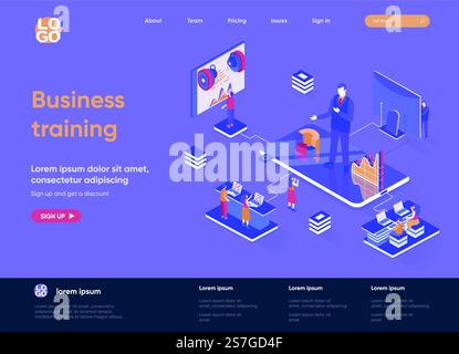 Business training isometric landing page. Business education, career development course, motivation and mentoring isometry web page. Website flat template, vector illustration with people characters. Stock Vector
