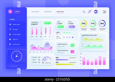 Neumorphic dashboard UI kit. Admin panel vector design template with infographic elements, HUD diagram, info graphics. Website dashboard for UI and UX design web page. Neumorphism style. Stock Vector