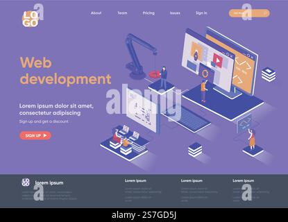 Web development isometric landing page. Full stack development, software engineering, design and programming isometry web page. Website flat template, vector illustration with people characters. Stock Vector