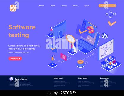 Software testing isometric landing page. Software testing and quality assurance, search of bugs and analysis process isometry web page. Website template, vector illustration with people characters. Stock Vector