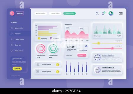 Neumorphic dashboard UI kit. Admin panel vector design template with infographic elements, HUD diagram, info graphics. Website dashboard for UI and UX design web page. Neumorphism style. Stock Vector
