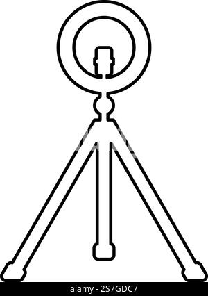 Led ring lamp on tripod with smartphone for phone studio photo light podcast concept equipment for streaming video contour outline line icon black color vector illustration image thin flat style simple. Led ring lamp on tripod with smartphone for phone studio photo light podcast concept equipment for streaming video contour outline line icon black color vector illustration image thin flat style Stock Vector