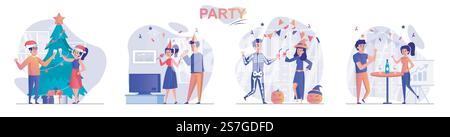 Party concept scenes set. Couple celebrating christmas, halloween or birthday, man and woman singing in karaoke. Collection of people activities. Vector illustration of characters in flat design Stock Vector