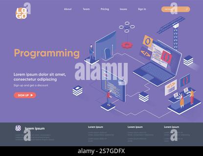 Programming isometric landing page. Full stack software development, engineering, programming isometry concept. Outsourcing company service flat web page. Vector illustration with people characters. Stock Vector