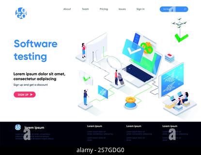 Software testing isometric landing page. Software testing and quality assurance, search of bugs and analysis process isometry web page. Website template, vector illustration with people characters. Stock Vector