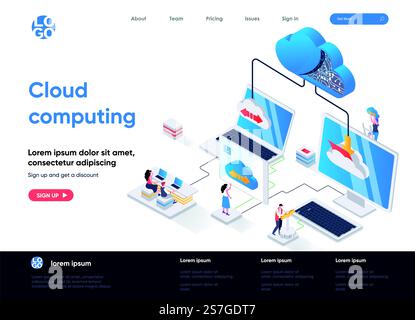 Cloud computing isometric landing page. Hosting platform, big data processing, cloud database administration isometry web page. Website flat template, vector illustration with people characters. Stock Vector