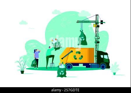 Waste management concept in flat style. People loading sorted waste in truck scene. Control and management of garbage utilization web banner. Vector illustration with people characters in situation.. Waste management concept in flat style. Stock Vector