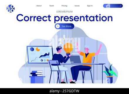 Correct presentation landing page with header. Marketing team create business presentation, brainstorming and sharing ideas in office scene. Coworking and teamwork situation flat vector illustration. Stock Vector