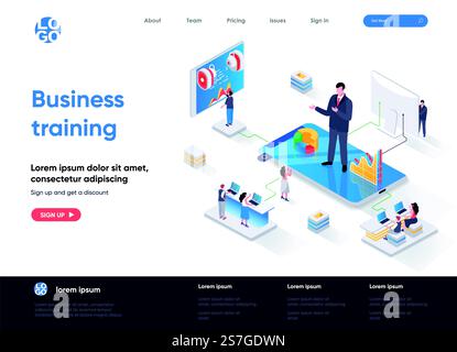 Business training isometric landing page. Business education, career development course, motivation and mentoring isometry web page. Website flat template, vector illustration with people characters. Stock Vector