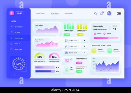 Neumorphic dashboard UI kit. Admin panel vector design template with infographic elements, HUD diagram, info graphics. Website dashboard for UI and UX design web page. Neumorphism style. Stock Vector