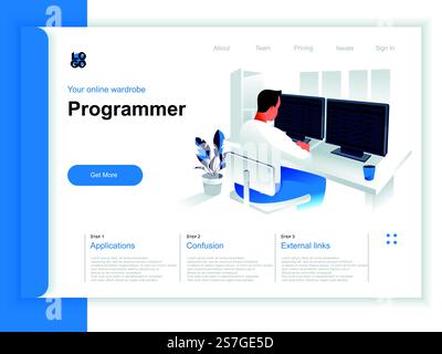 Software development isometric landing page. Programmer working with computer in office situation. Web application programming and testing, frontend and backend development perspective flat design. Stock Vector