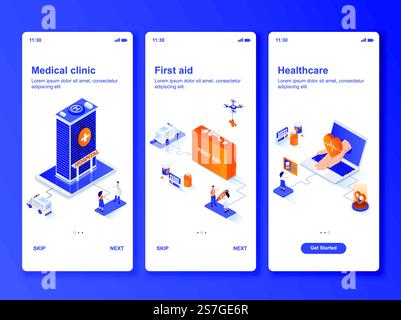 Medical clinic isometric GUI design kit. First aid and social healthcare templates for mobile app. Diagnostics and treatment UI UX onboarding screens. Vector illustration with tiny people characters.. Medical clinic isometric GUI design kit. Stock Vector