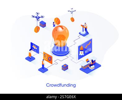 Crowdfunding isometric web banner. Fundraising, business startup investment isometry concept. Crowdfunding platform 3d scene, money donation flat design. Vector illustration with people characters. Stock Vector
