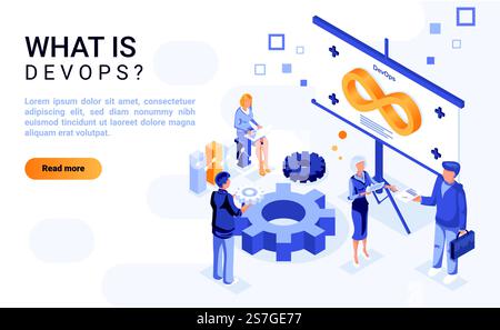 What is devops landing page template with isometric illustration. Software development and information technology operations collaboration homepage interface layout with isometry. 3d webpage design Stock Vector