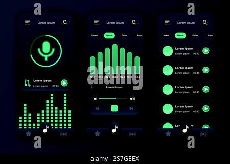 Music player unique neomorphic design kit. Music app with voice recording, graphic equalizer and compositions playlist. Music listening UI, UX template set. GUI for responsive mobile application Stock Vector