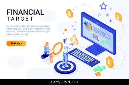 Financial target landing page vector template with isometric illustration. Money aim homepage interface layout with isometry. Corporate growth, business goal 3d webpage design idea Stock Vector