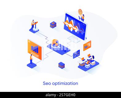 SEO optimization isometric web banner. Internet analytics, online research isometry concept. Website optimization for relevant searches 3d scene design. Vector illustration with people characters. Stock Vector