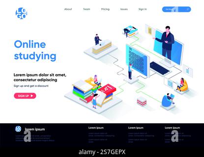 Online studying isometric landing page. Distance learning, online education, professional seminars and courses isometry web page. Website flat template, vector illustration with people characters. Stock Vector