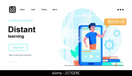 Distant learning web concept. E-learning from smartphone. Teaching in video lesson. Online education. Template of people scene. Vector illustration with character activities in flat design for website Stock Vector