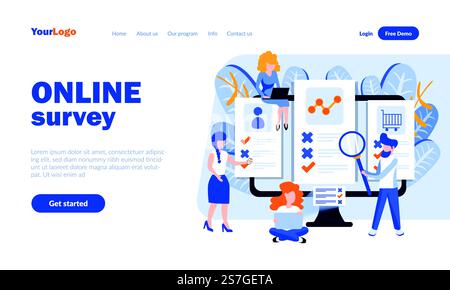 Online survey vector landing page template with header. Internet questionnaire web banner, homepage design with flat illustrations. Research participants cartoon characters. Questioning concept Stock Vector