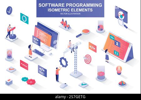 Software programming bundle of isometric elements. Program languages, developer, software engineering, back end development isolated icons. Isometric vector illustration kit with people characters.. Software programming bundle of isometric elements. Stock Vector