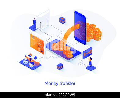 Money transfer isometric web banner. Internet banking mobile application isometry concept. Online money transaction and payment service 3d scene design. Vector illustration with people characters. Stock Vector