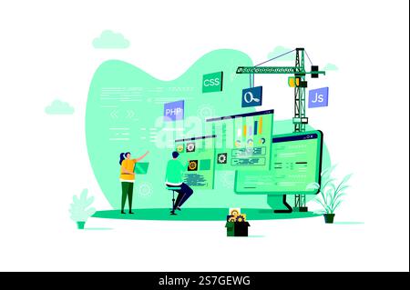 Web development concept in flat style. Developers team construct web application scene. Full stack development, software engineering, design and programming. Vector illustration with people characters. Web development concept in flat style. Stock Vector