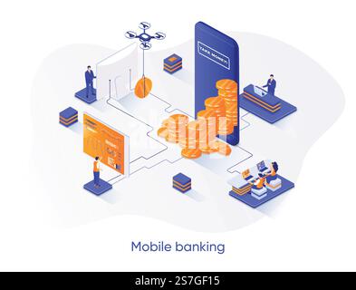 Mobile banking isometric web banner. Fintech mobile application for financial management isometry concept. Online payment and accounting 3d scene design. Vector illustration with people characters. Stock Vector