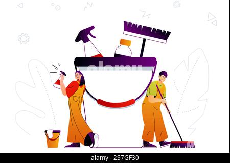 Cleaning company web concept. Cleaners team provides housekeeping services. People scene with flat line characters design for website. Vector illustration for social media promotional materials Stock Vector