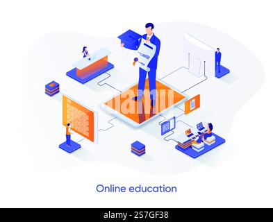 Online education isometric web banner. Distance learning platform isometry concept. Online webinars and trainings 3d scene, skills development flat design. Vector illustration with people characters. Stock Vector