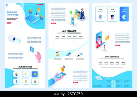 Biometric technology isometric landing page. Biometrics identification corporate website design template. Web banner template with header, middle content, footer. Isometry vector illustration.. Biometric technology isometric landing page. Biometrics identification corporate website design template. Web banner template with header, middle content, footer. Stock Vector