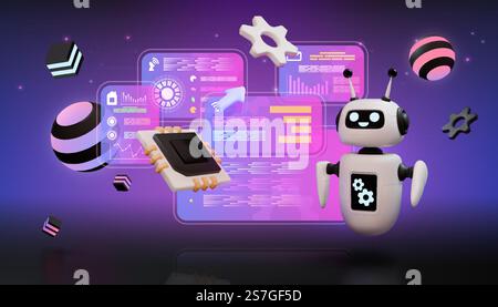 AI technology. 3D futuristic robot. Digital HUD data text or virtual software bot. Tech programming. Computer microchip. Android artificial intelligen Stock Vector