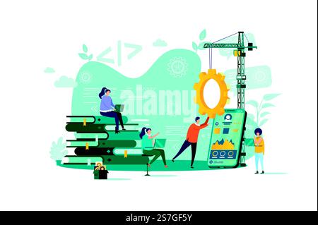 App development concept in flat style. Developers team creating mobile app scene. UI, UX design, engineering and programming web banner. Vector illustration with people characters in work situation.. App development concept in flat style. Stock Vector