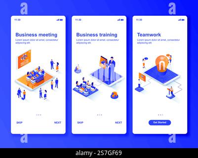 Business meeting isometric GUI design kit. Business training and workshop, teamwork cooperation templates for mobile app. UI UX onboarding screens. Vector illustration with tiny people characters.. Business meeting isometric GUI design kit. Stock Vector