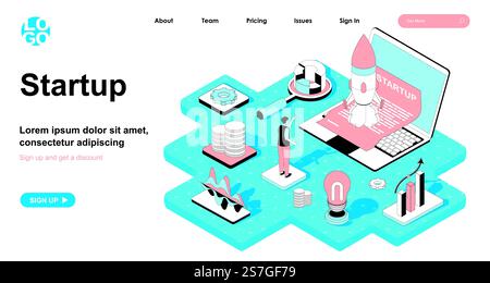Startup isometric concept. Man starts new business, online project, development of idea and innovations introduction, line flat isometry web banner. Vector illustration in 3d design for landing page Stock Vector