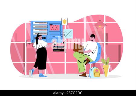 Programming software web character concept. Development team creates programs, testing security, optimization settings isolated scene with persons. Vector illustration with people in flat design Stock Vector