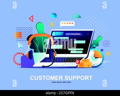 Customer support flat concept with gradients. Call center service, online assistance web template. Hotline consultation and help chat 3d composition, technical support chatbot vector illustration.. Customer support flat concept with gradients. Stock Vector