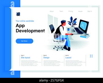 App development isometric landing page. Programmer working with computer in office situation. UI, UX responsive design, application programming and testing cross platform code perspective flat design. Stock Vector