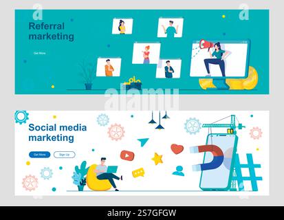 Social media marketing landing page with people characters. Promotion and announcement in social media, referral program web banners set. Advertising campaign in social network vector illustration. Stock Vector