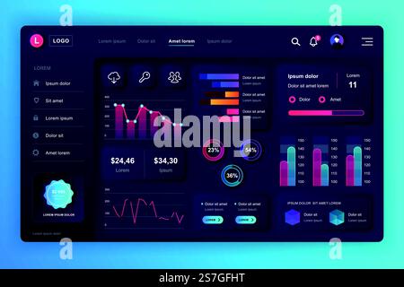 Neumorphic dashboard UI kit. Admin panel vector design template with infographic elements, HUD diagram, info graphics. Website dashboard for UI and UX design web page. Neumorphism style. Stock Vector