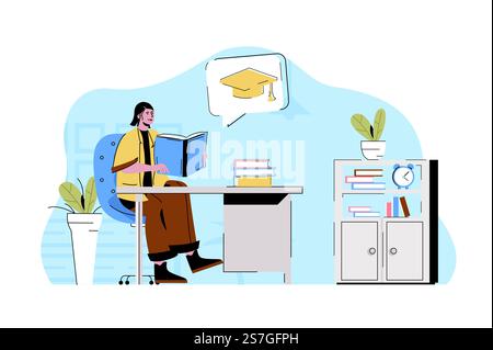 Higher education concept. Student reads textbook, prepares for final exams situation. Studying at University people scene. Vector illustration with flat character design for website and mobile site Stock Vector