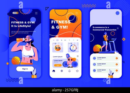 Fitness gym unique design kit for social networks stories. Sports club, healthy lifestyle and training mobile screens for app. UI UX layouts vector illustration. GUI set with people characters. Stock Vector