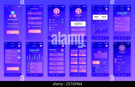 Set of UI, UX, GUI screens Cryptocurrency app flat design template for mobile apps, responsive website wireframes. Web design UI kit. Cryptocurrency Dashboard. Stock Vector