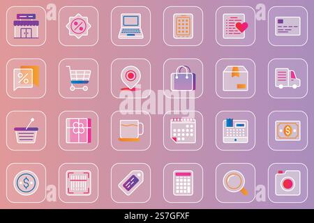 Shopping web glassmorphic icons set. Pack outline pictograms of making purchases at shop, wish list, payment with credit card, package, deliver order, gifts for customer. Vector line glass symbols Stock Vector